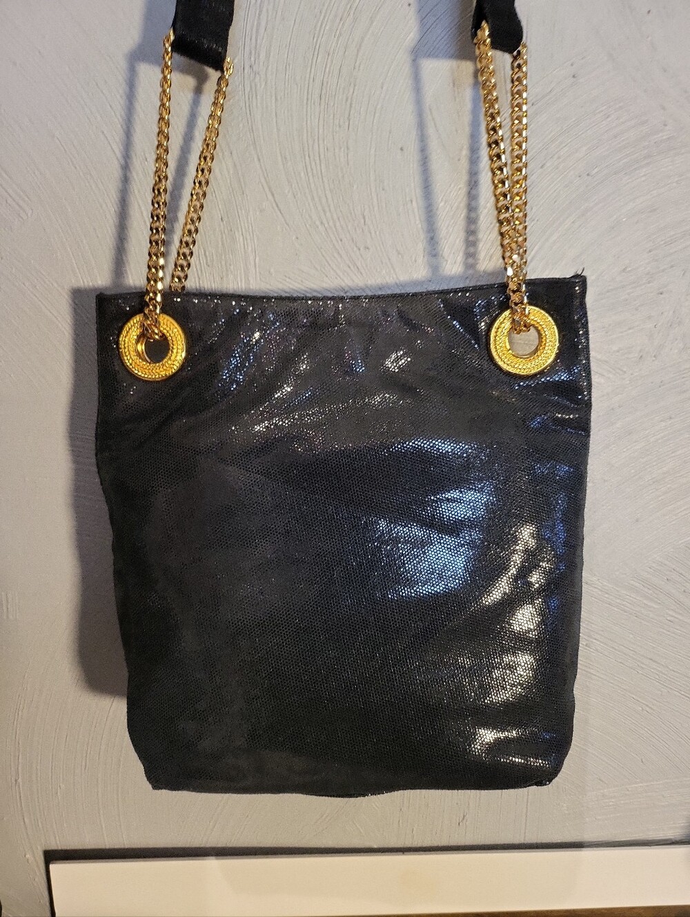 Frenchy of California Suede Snake Skin Crossbody Bag Black - Gold Accent Strap